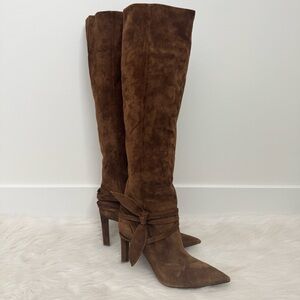 Authentic Saint Laurent brown suede knee high heeled boots